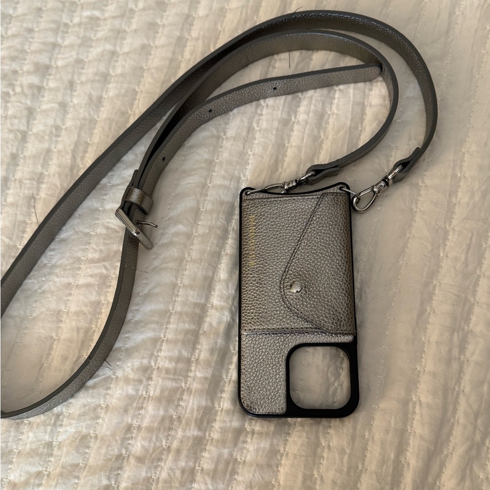 Bandolier iPhone 13pro phone case. HAILEY Metallic Pewter/Silver